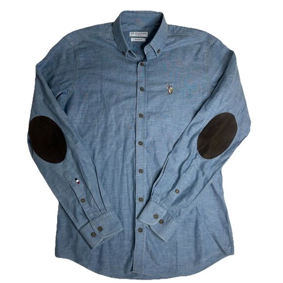 US Polo Assn Slim Fit S Button Up Elbow Patch Blue Long Sleeve Preppy - Picture 1 of 5